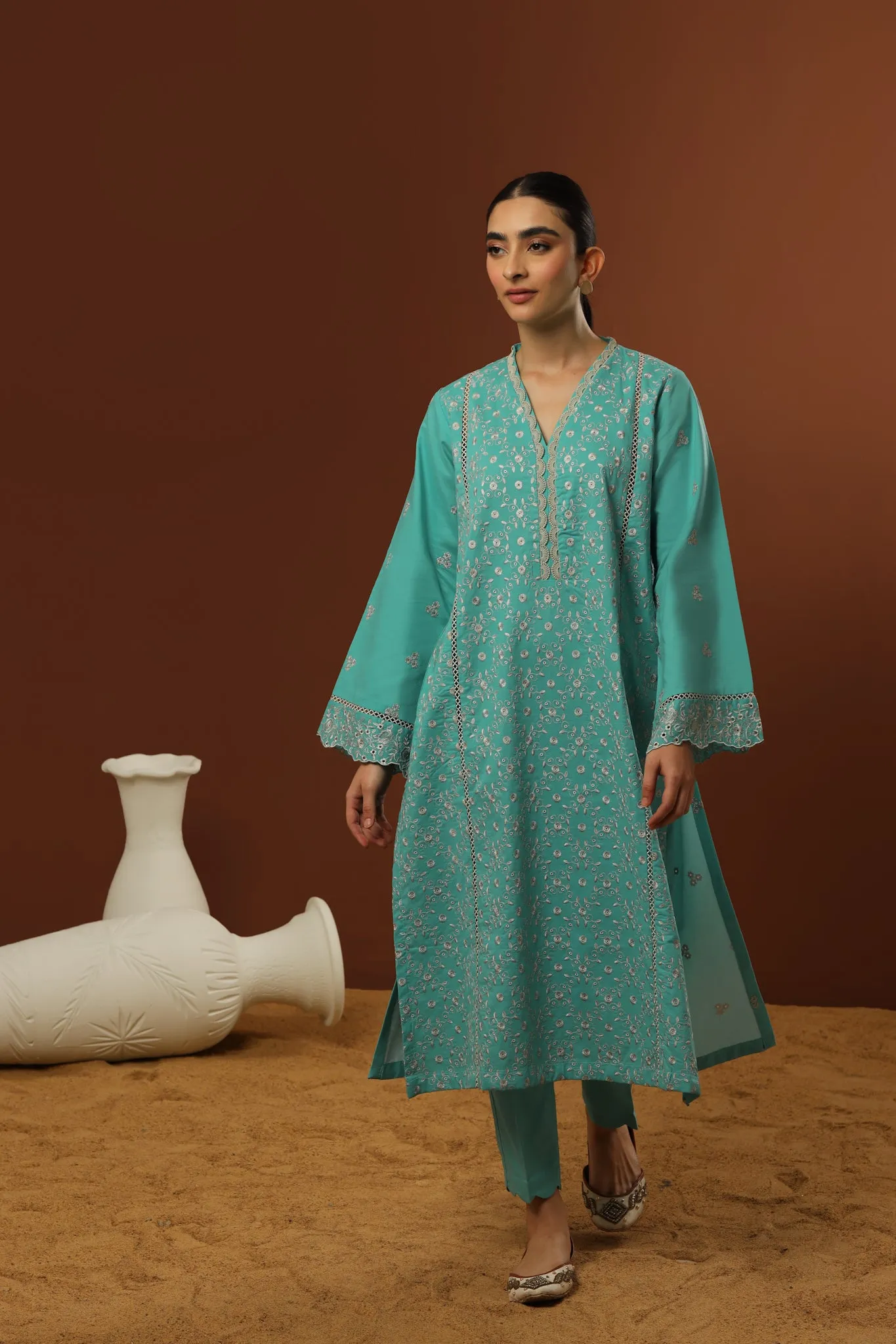 55% OFF TURQUOISE LAWN EMBROIDERED SET (KURTA & TROUSER) NPA2-23316