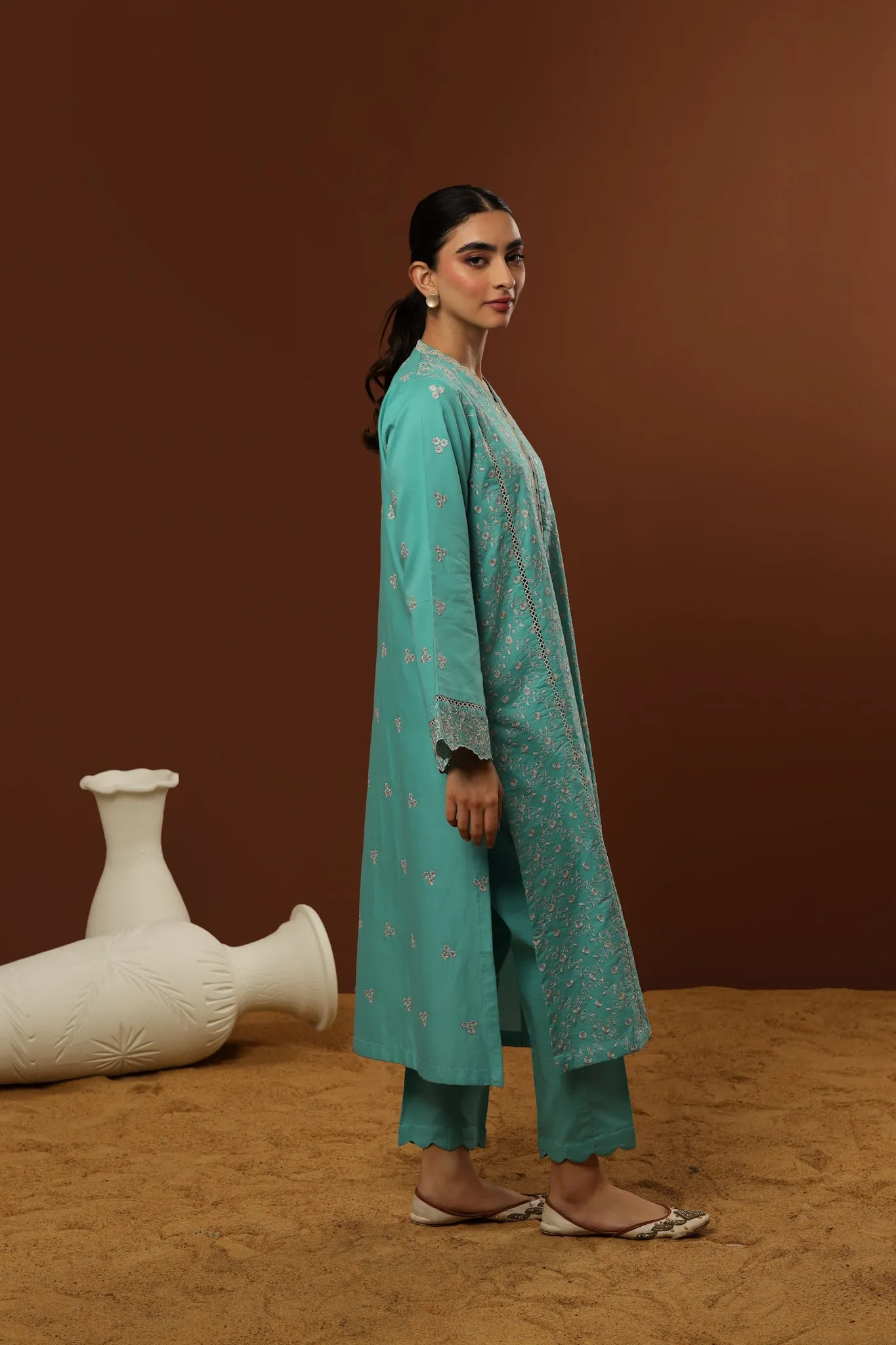 55% OFF TURQUOISE LAWN EMBROIDERED SET (KURTA & TROUSER) NPA2-23316