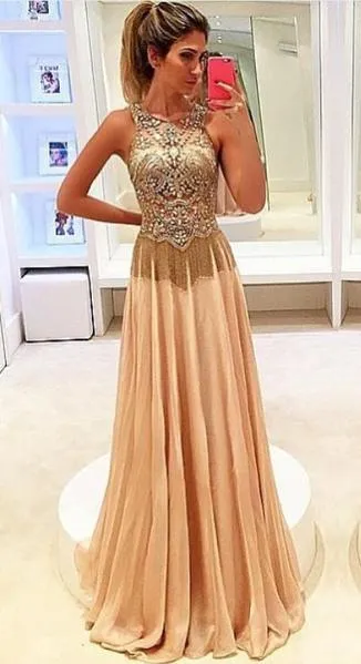 A Line Round Neck Sleeveless Beading Prom Dress with Sweep Train, Sweep Train Beaded Champagne Formal Dress