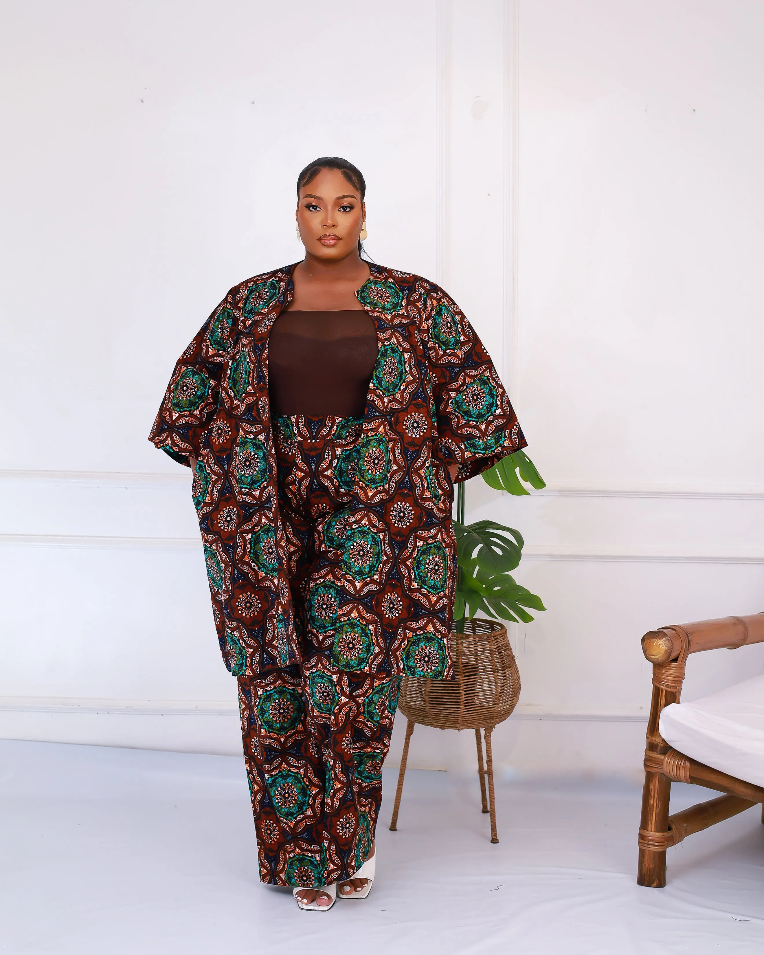 African Print Embellished Midi Jacket - Deriole