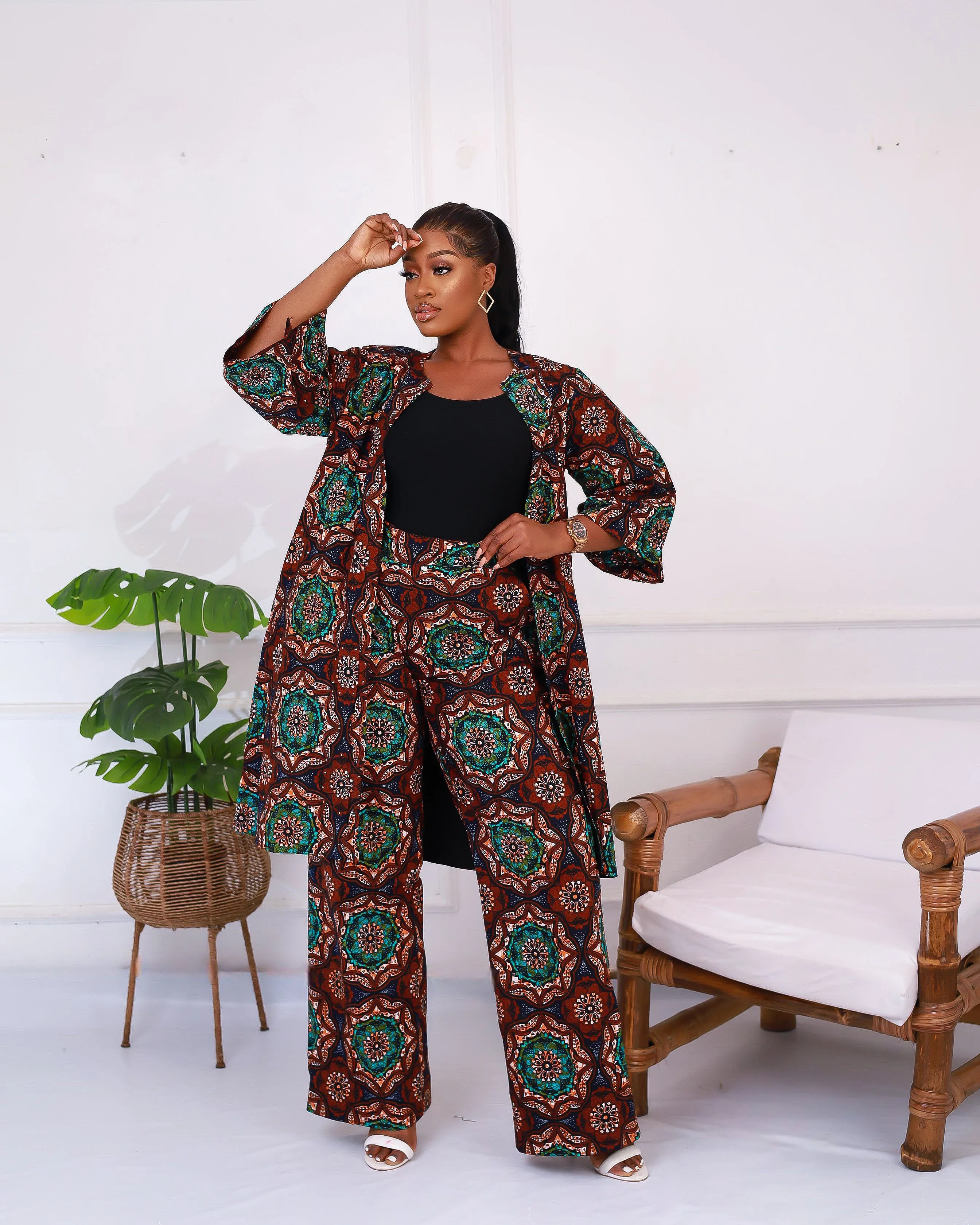 African Print Embellished Midi Jacket - Deriole