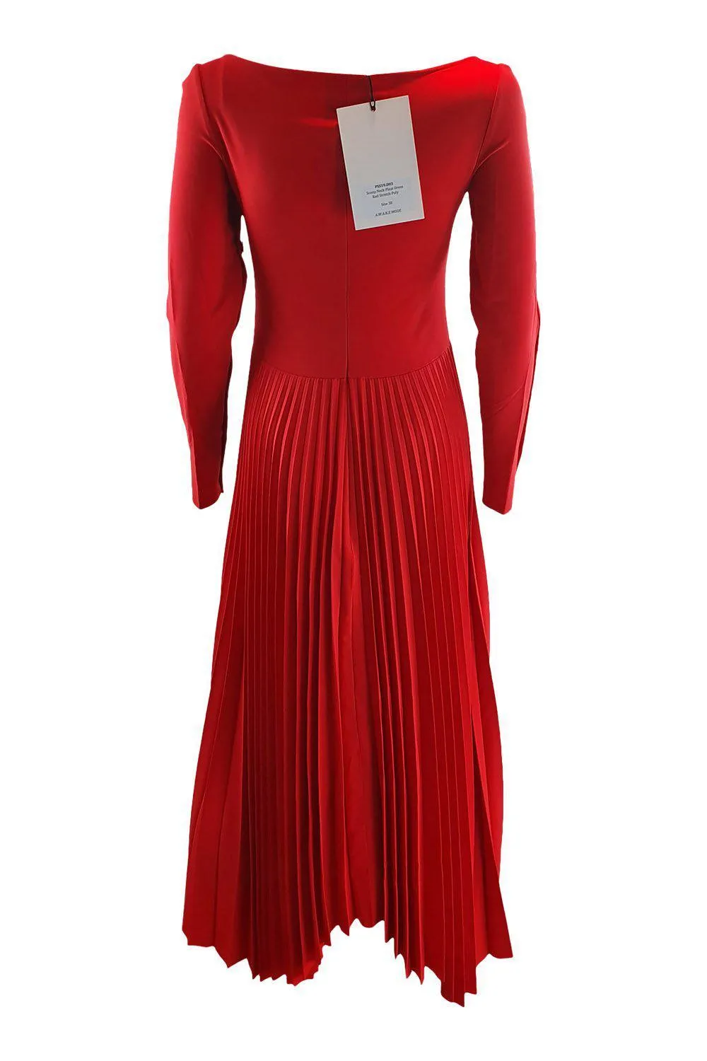 A.W.A.K.E. Mode Red Scoop Neck Pleated Fit and Flare Dress (38)