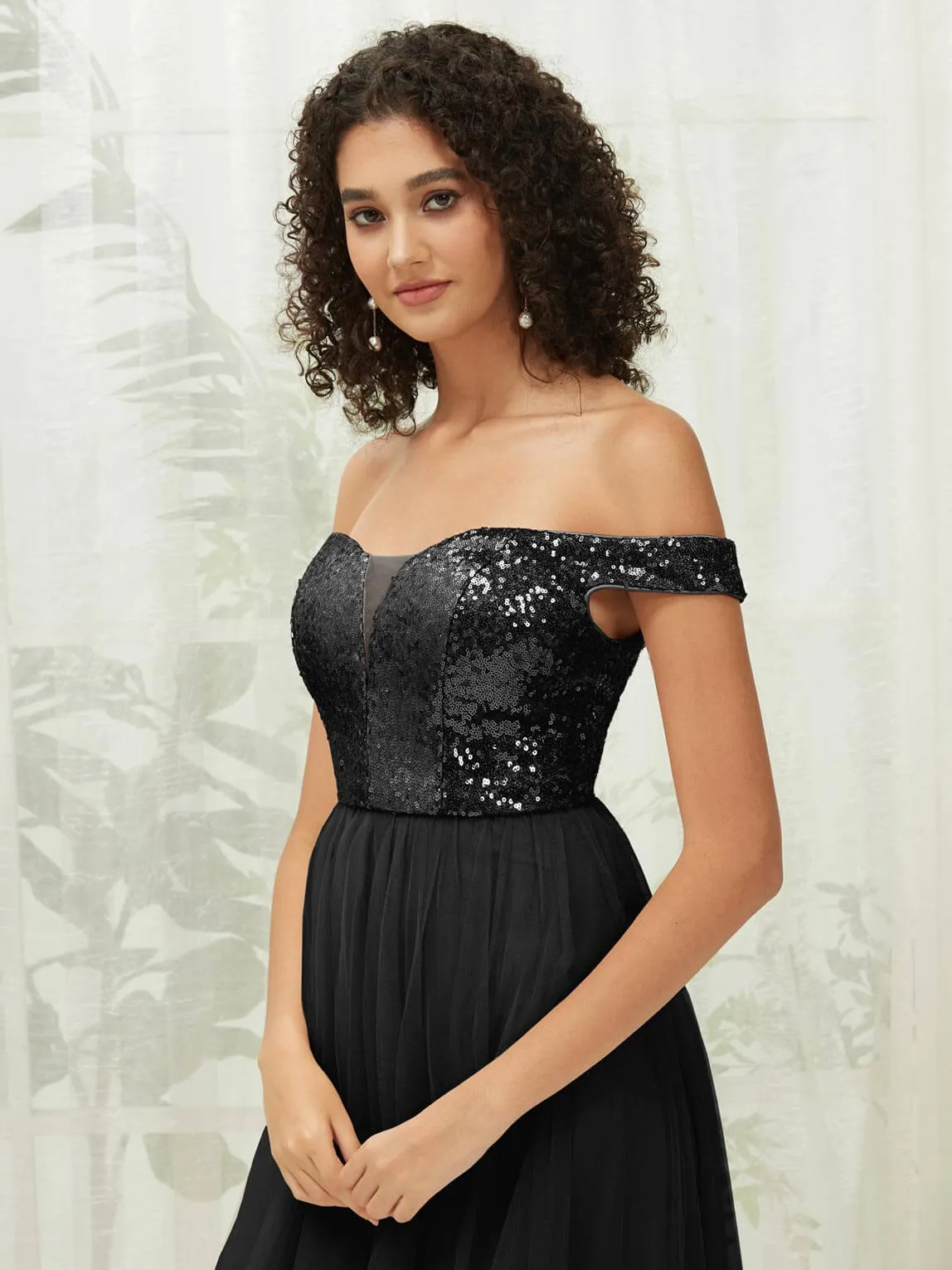 Black Sequin Tulle Off-Shoulder Maxi Flowy Bridesmaid Dress