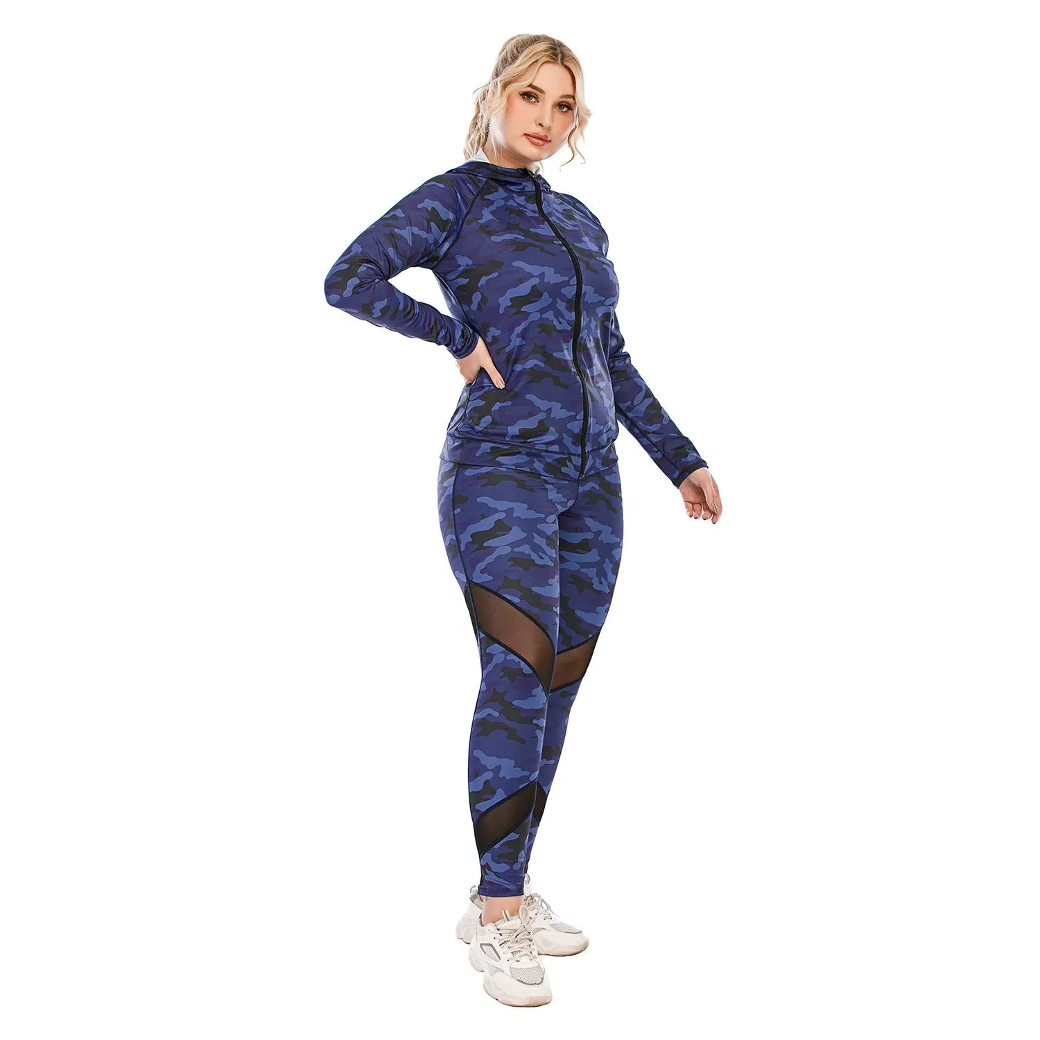 Blue Camouflage Yoga Sets 3XL Women's Sportswear Plus Size 3pcs Yoga Suit Legging Fitness Sports Bra Jacket Fall Yoga Set 20set