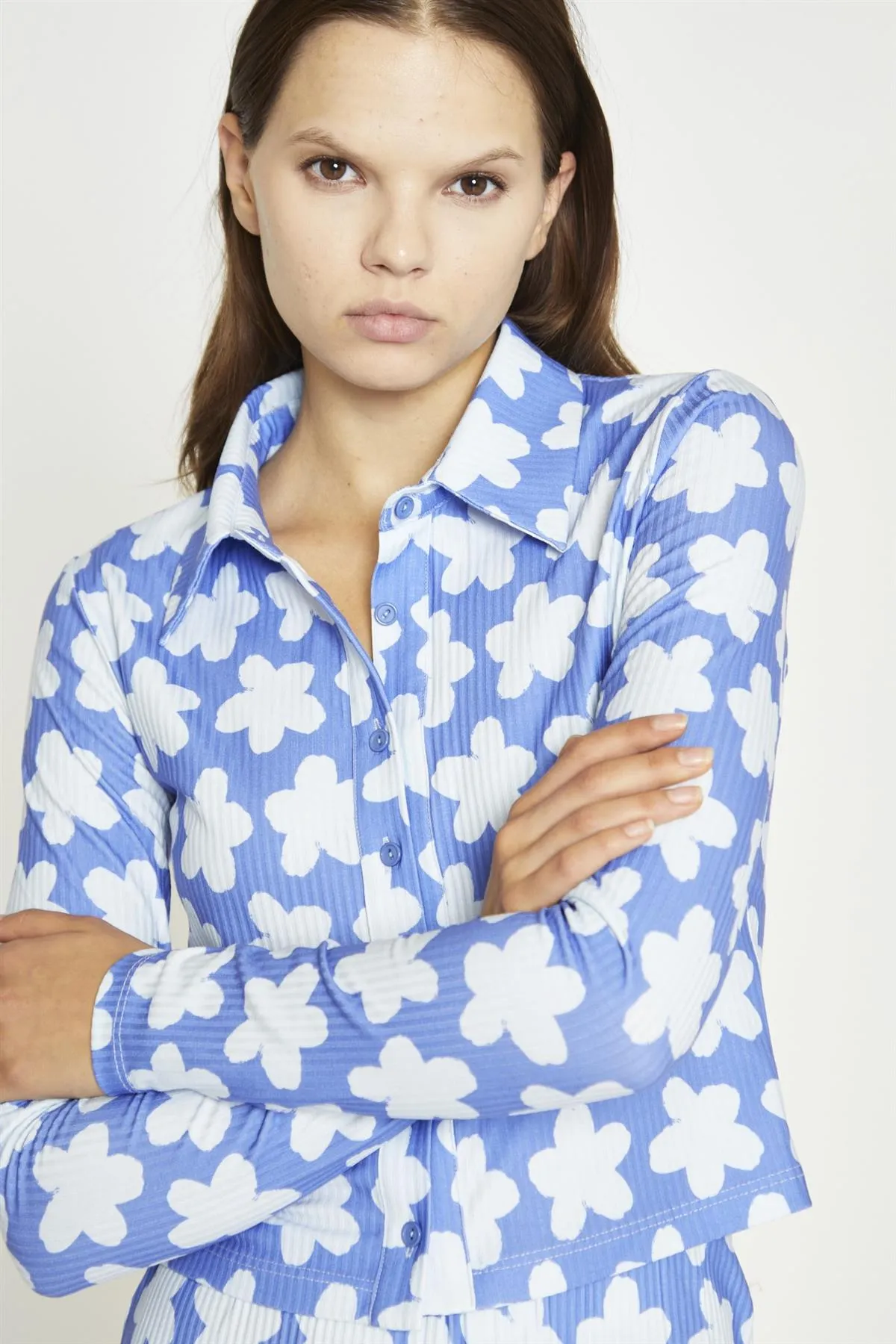 Blue-Large Flower Long-Sleeve Skinny-Fit-Shirt