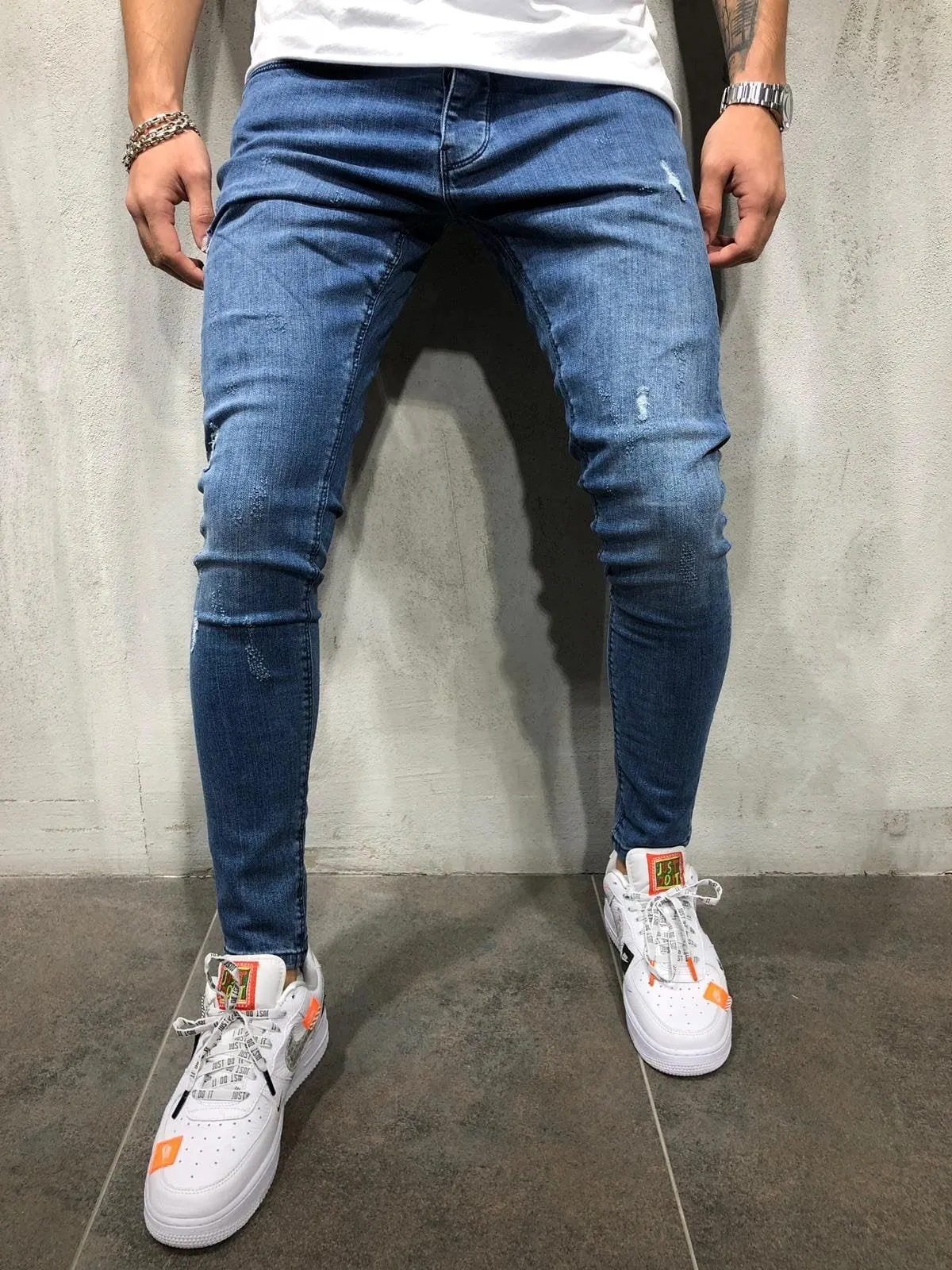 Blue Washed Skinny Fit Denim A197 Streetwear Jeans