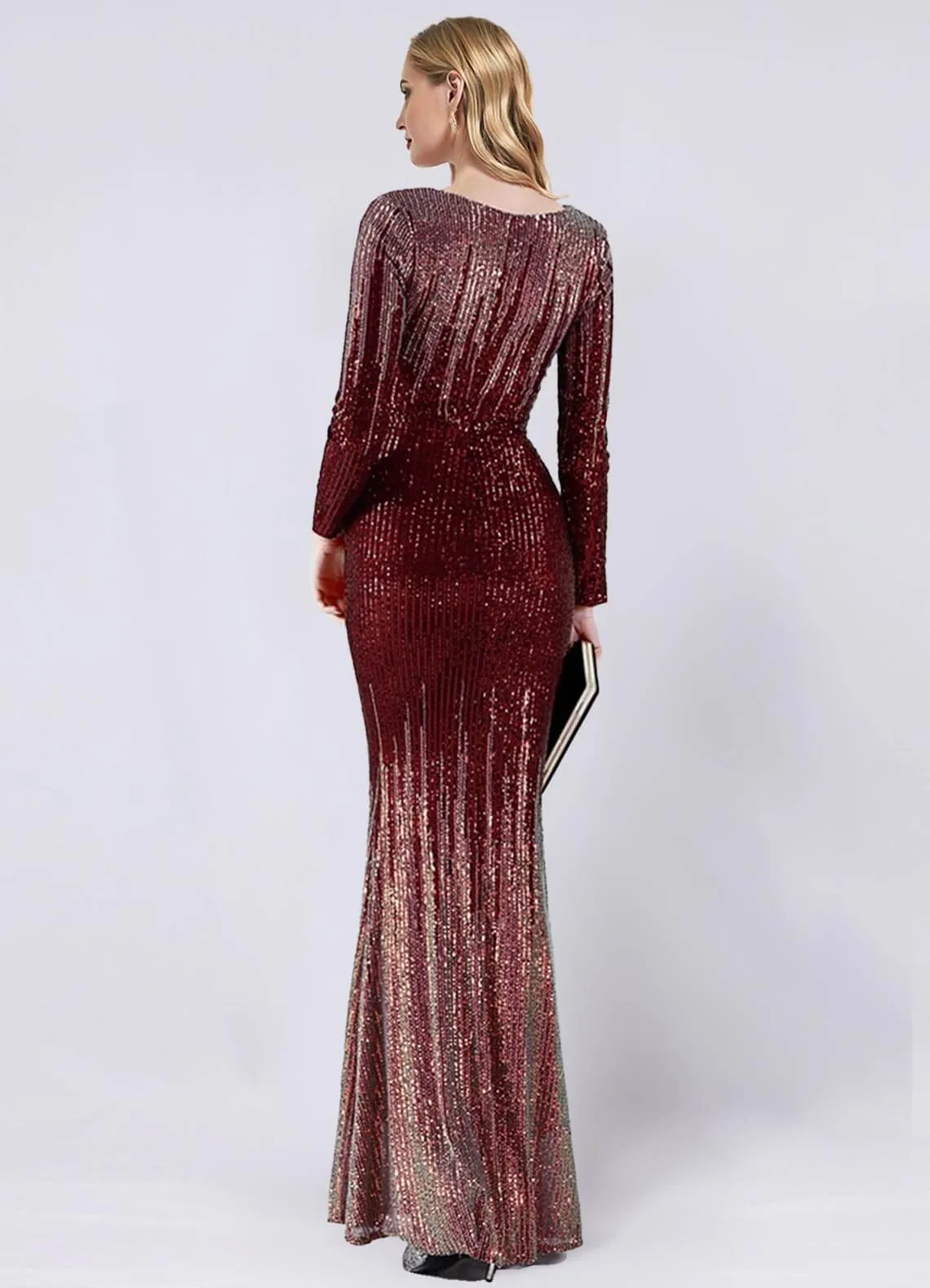 Burgundy Sequin Long Sleeve V-Neck Floor Length Formal Gown For Party