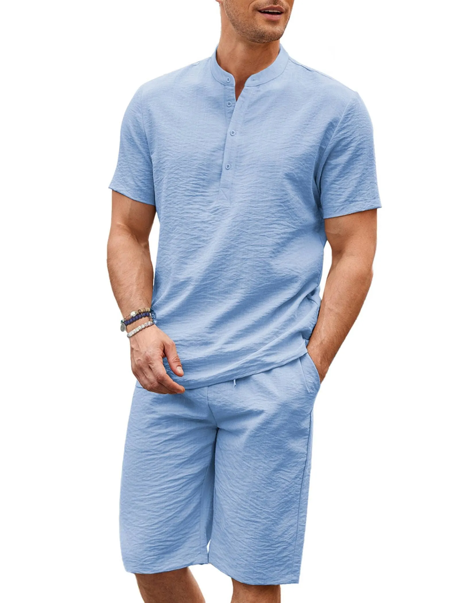 Casual 2 Pieces Cotton Linen Henley Shirt Set (US Only)