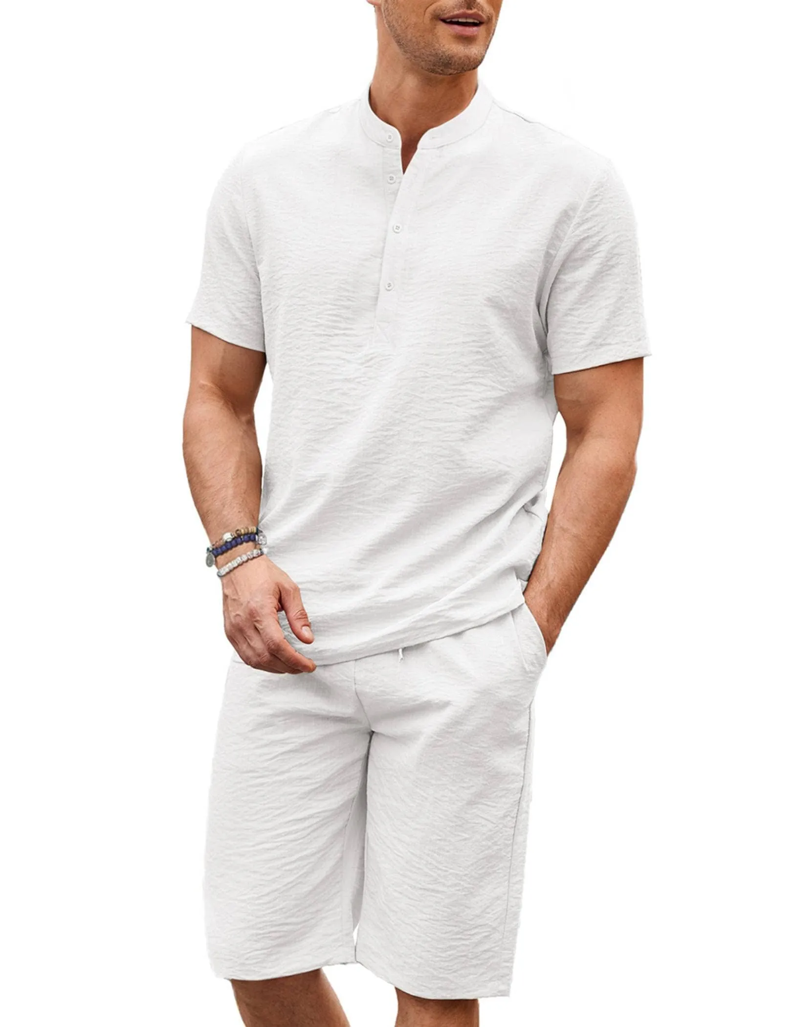 Casual 2 Pieces Cotton Linen Henley Shirt Set (US Only)