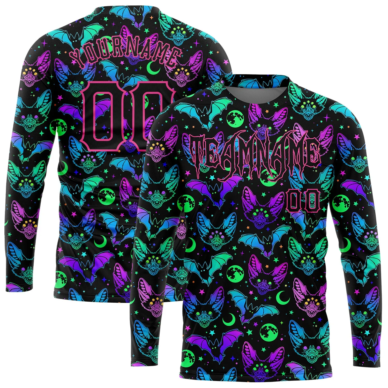 Custom 3D Pattern Bright Multicolored Halloween Bats Long Sleeve Performance T-Shirt