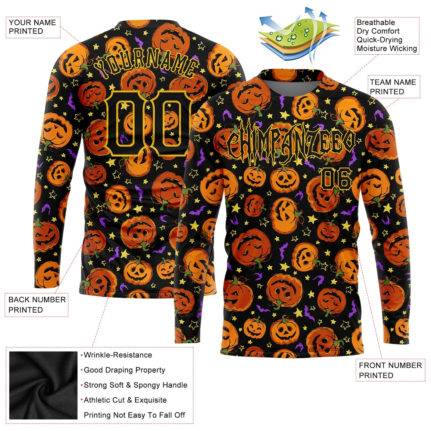 Custom 3D Pattern Halloween Pumpkins Bats Stars Long Sleeve Performance T-Shirt