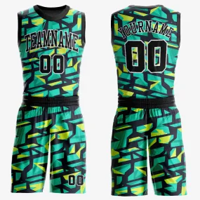 Custom Aqua Black-Neon Green Round Neck Sublimation Basketball Suit Jersey