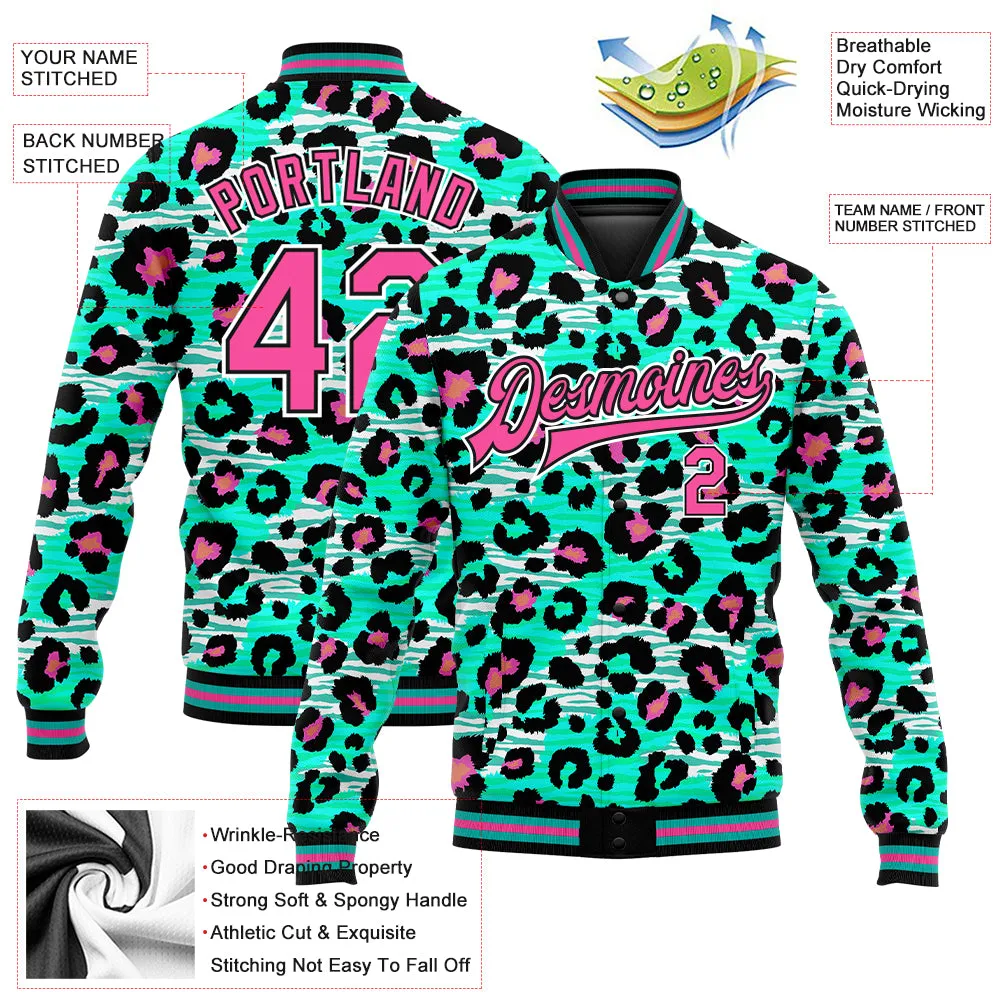 Custom Aqua Pink-Black Leopard Print 3D Pattern Design Bomber Full-Snap Varsity Letterman Jacket