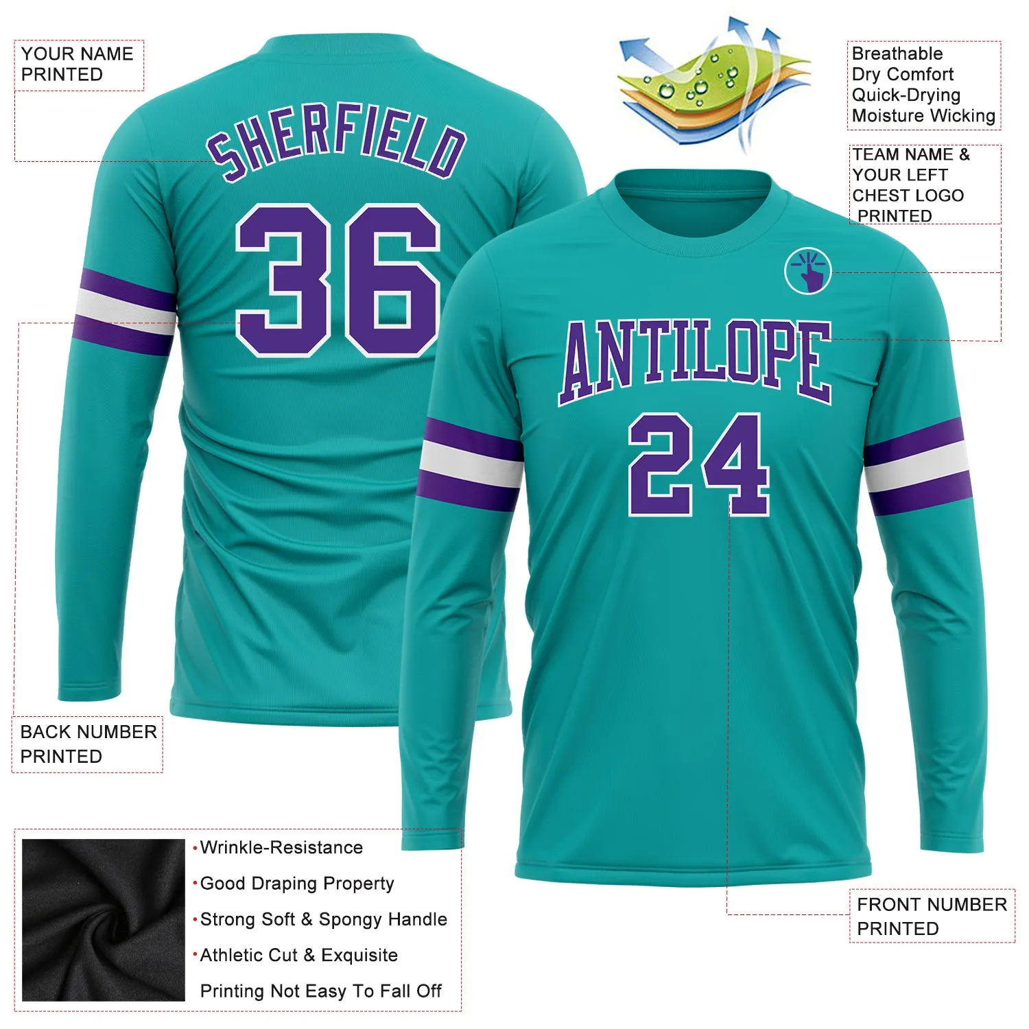 Custom Aqua Purple-White Long Sleeve Performance T-Shirt