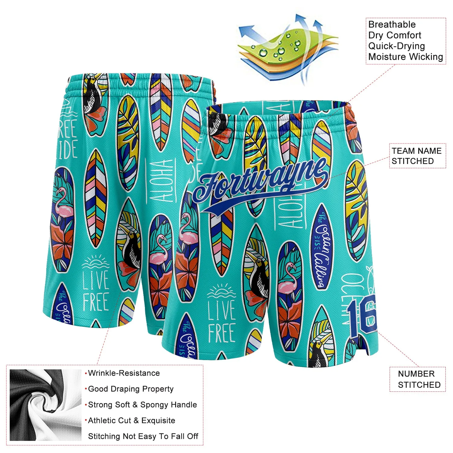 Custom Aqua Royal-White 3D Pattern Tropical Hawaii Palm Leaves Beach Surfing Authentic Basketball Shorts