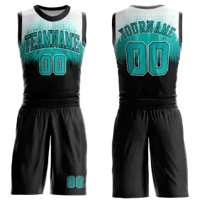 Custom Black Aqua-White Round Neck Sublimation Basketball Suit Jersey