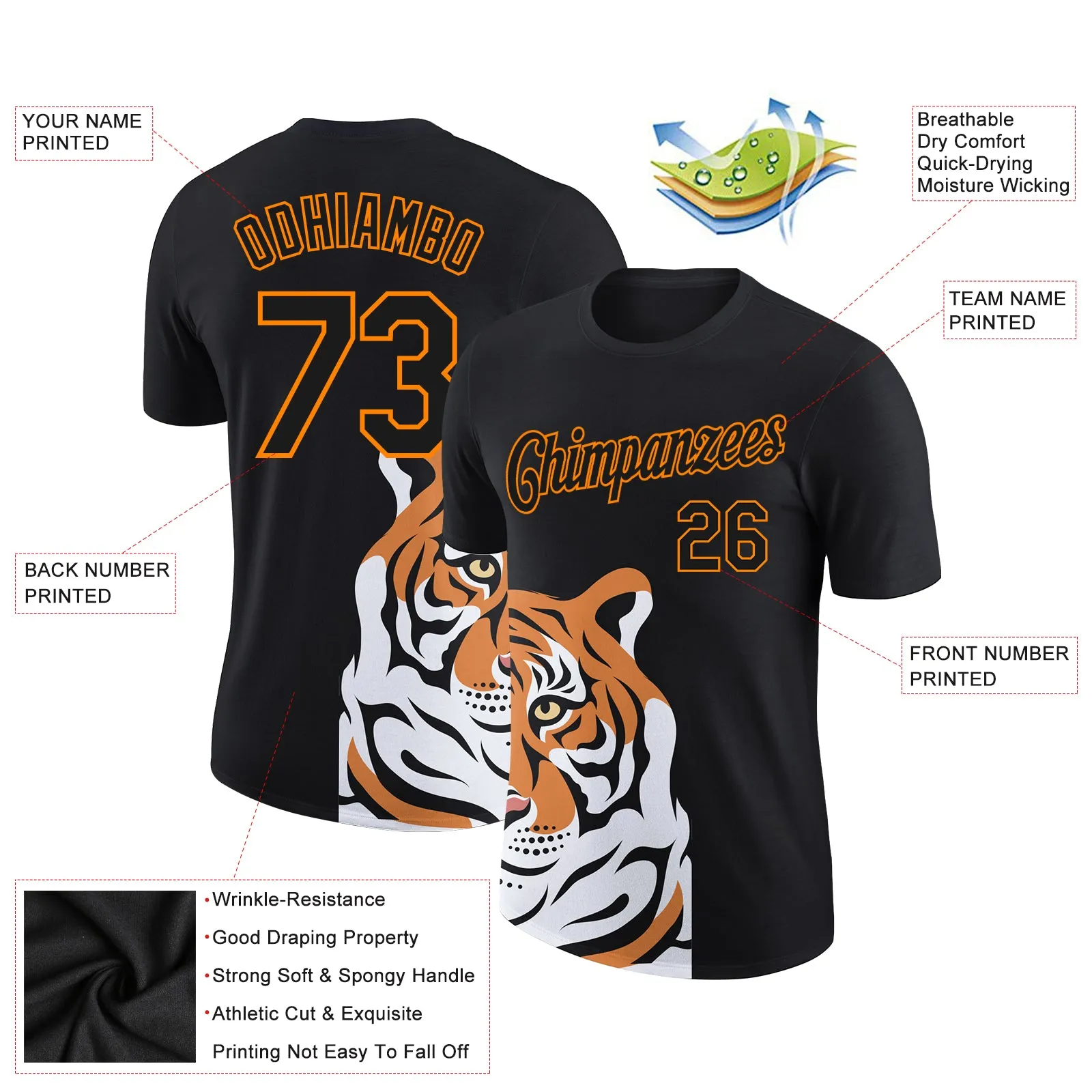 Custom Black Bay Orange 3D Pattern Design Tiger Performance T-Shirt