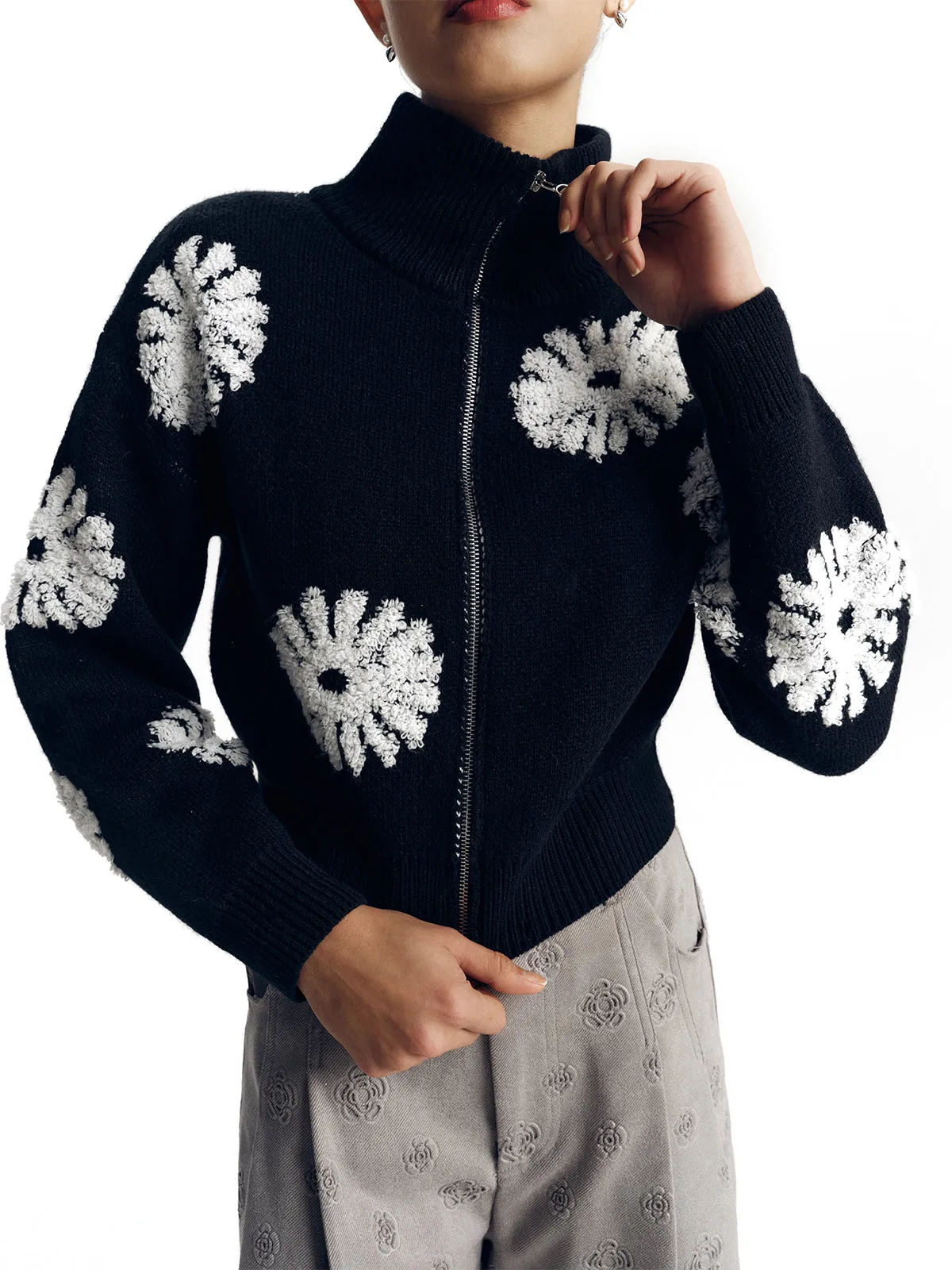 Floral Jacquard Zippered Cardigan