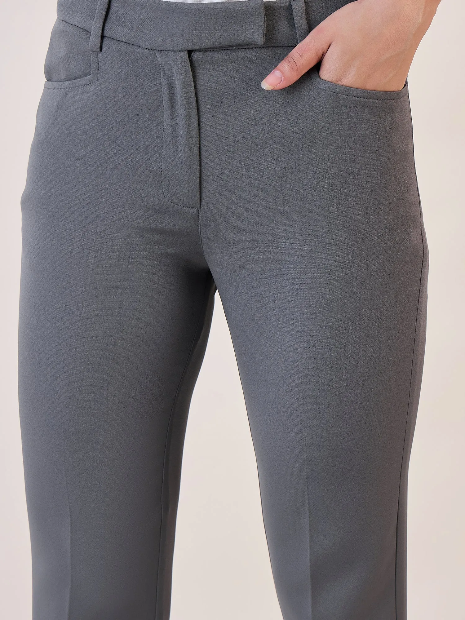 Grey Slim Fit Mid Waist Trouser