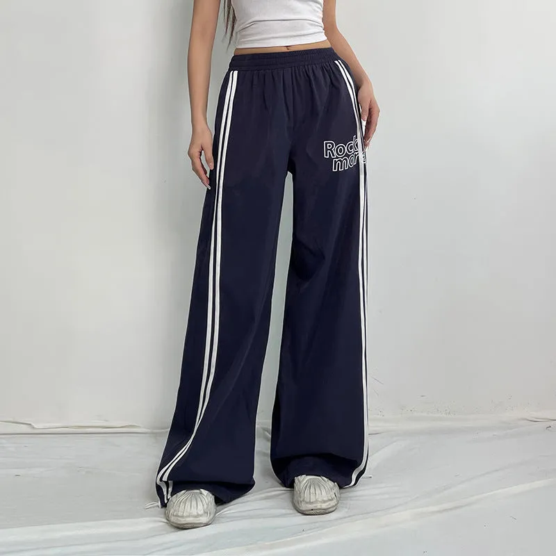 High Street Sweet Cool Ribbon Stitching Printing Elastic Waist Loose Wide Leg Casual Sports Trousers Summer