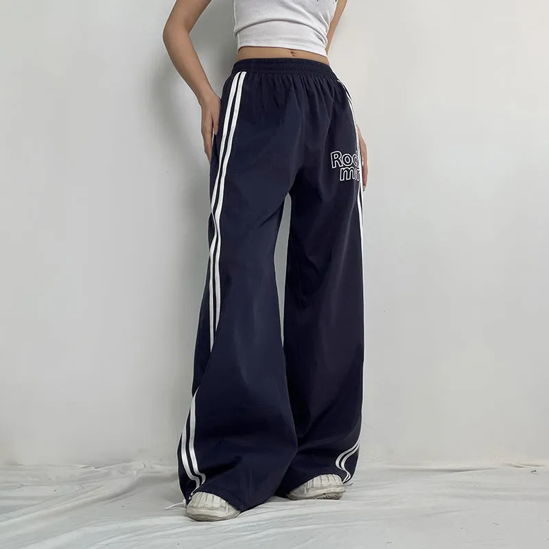 High Street Sweet Cool Ribbon Stitching Printing Elastic Waist Loose Wide Leg Casual Sports Trousers Summer