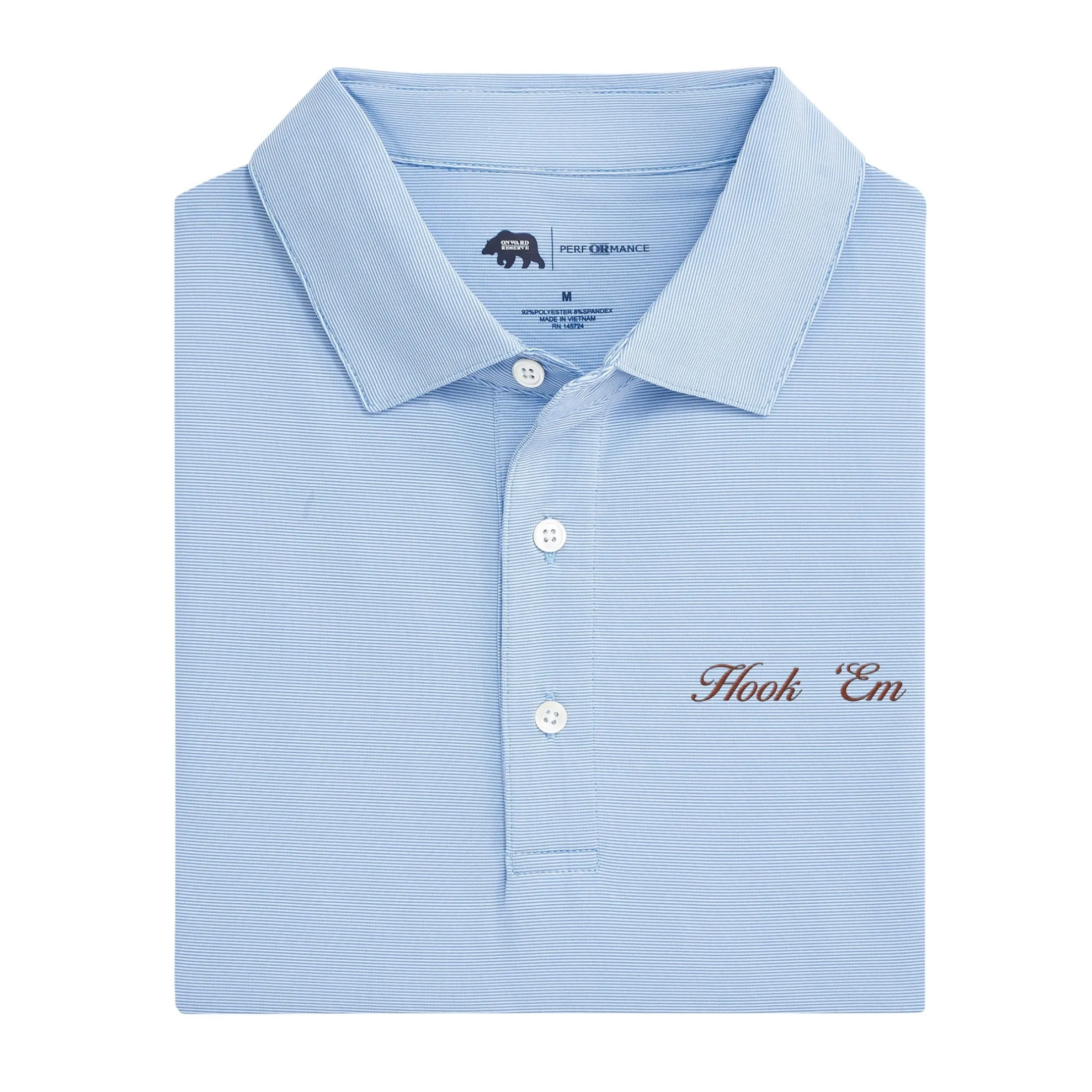 Hook 'Em Vintage Script Hairline Stripe Performance Polo - Sky