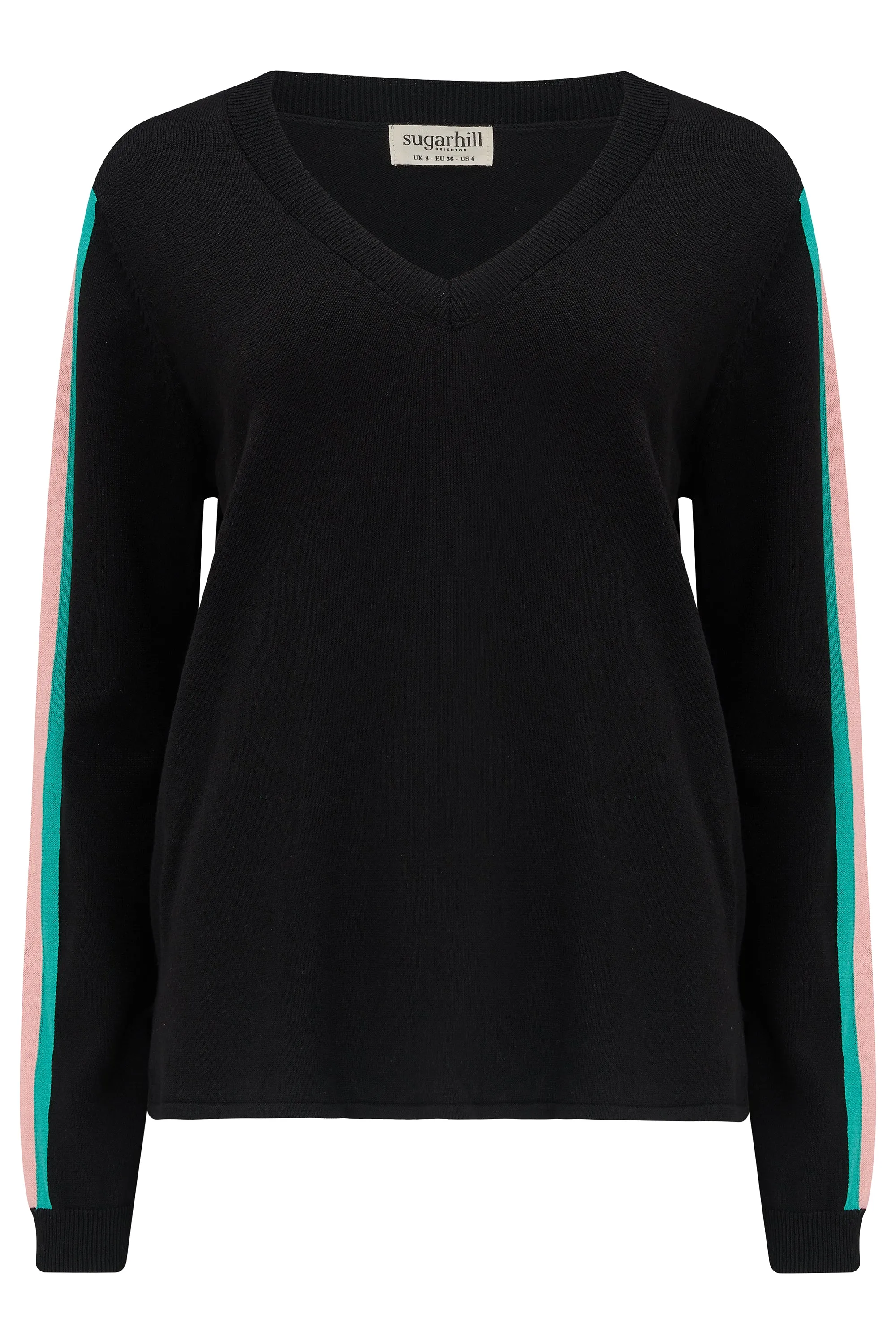 Libby V-Neck Jumper - Black, Sports Stripe