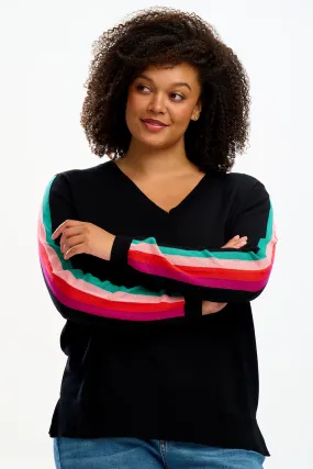 Libby V-Neck Jumper - Black, Sports Stripe