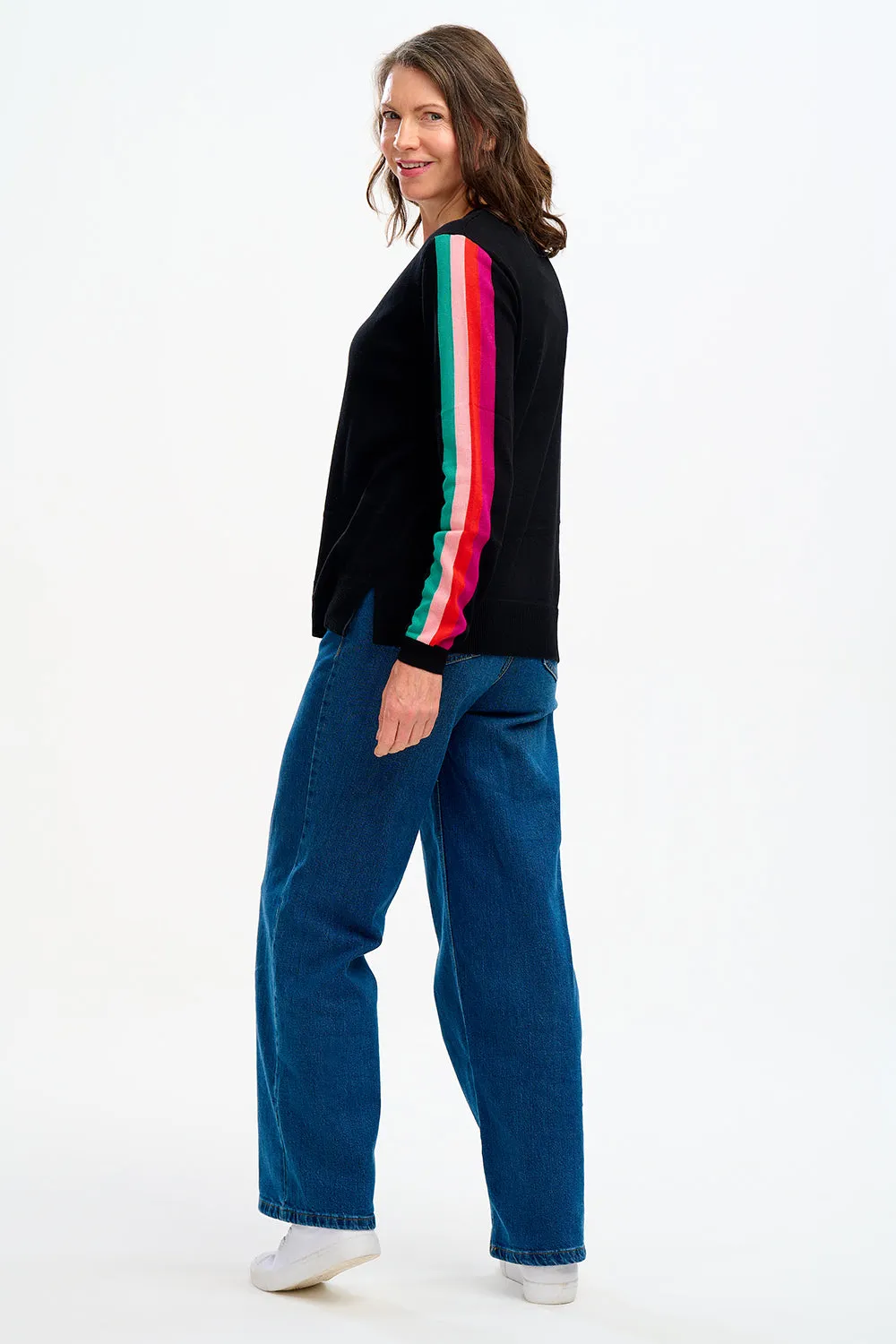 Libby V-Neck Jumper - Black, Sports Stripe