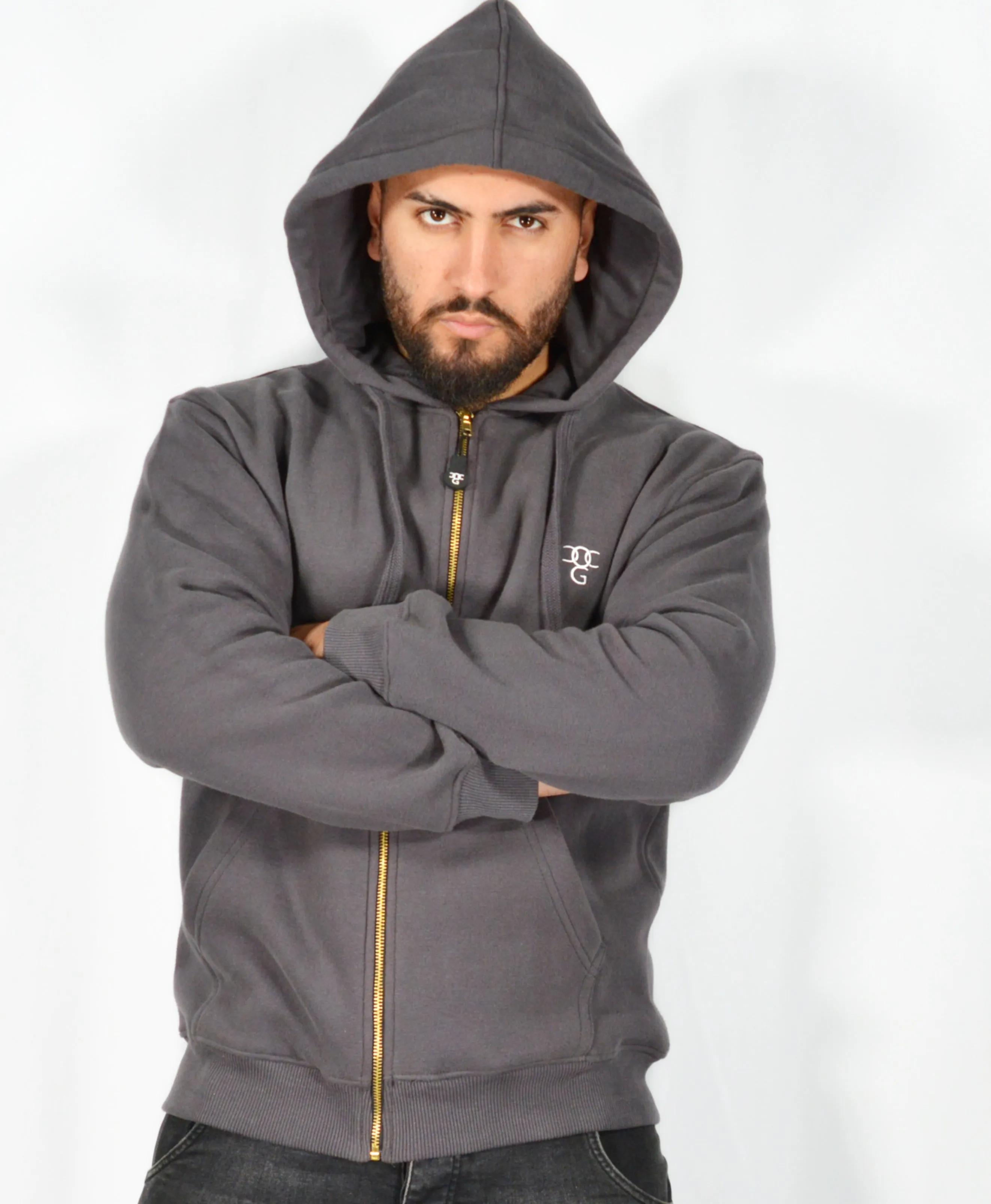 Mens O.G. Symbol Dark Grey Zipped Hooded Top