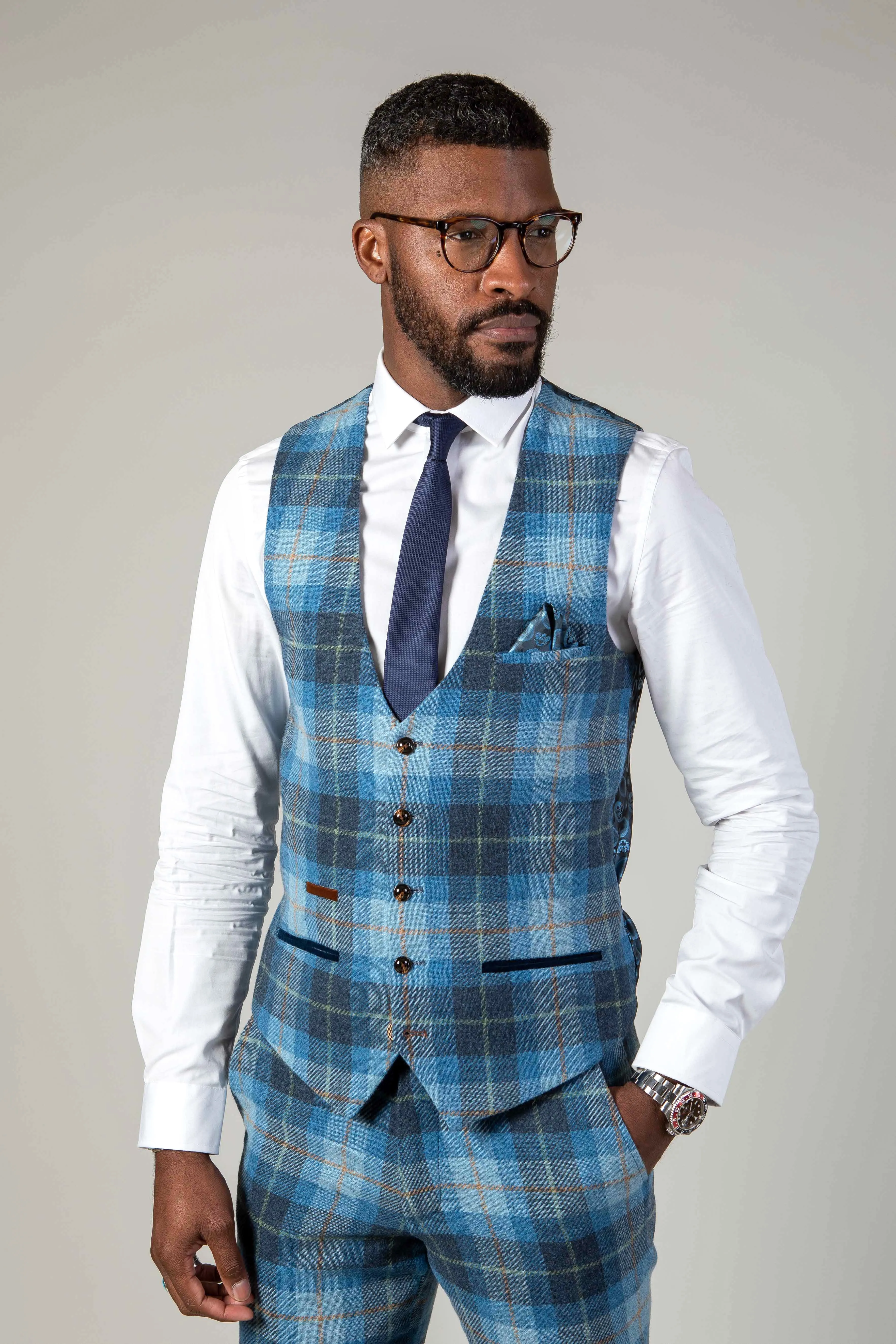 MORRIS - Blue Tweed Check Waistcoat