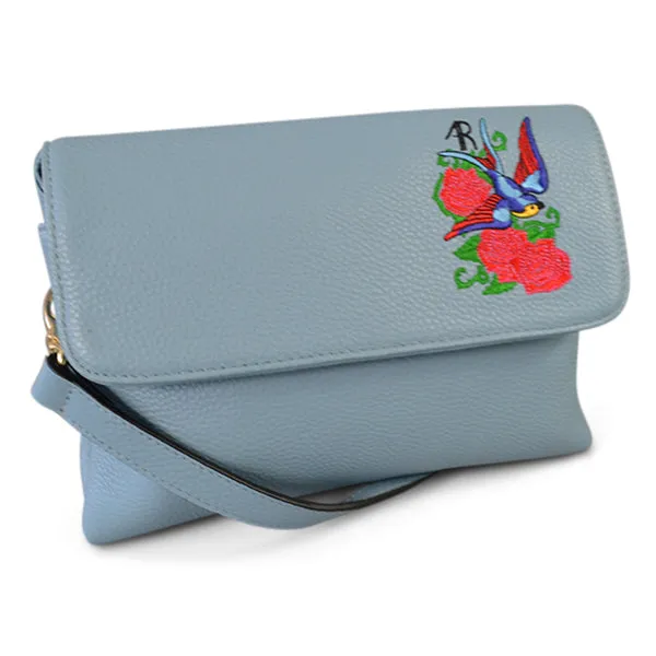 NAMBUCCA - Addison Road - Blue Pebbled Leather Fold Bag with Embroidery