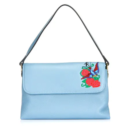 NAMBUCCA - Addison Road - Blue Pebbled Leather Fold Bag with Embroidery