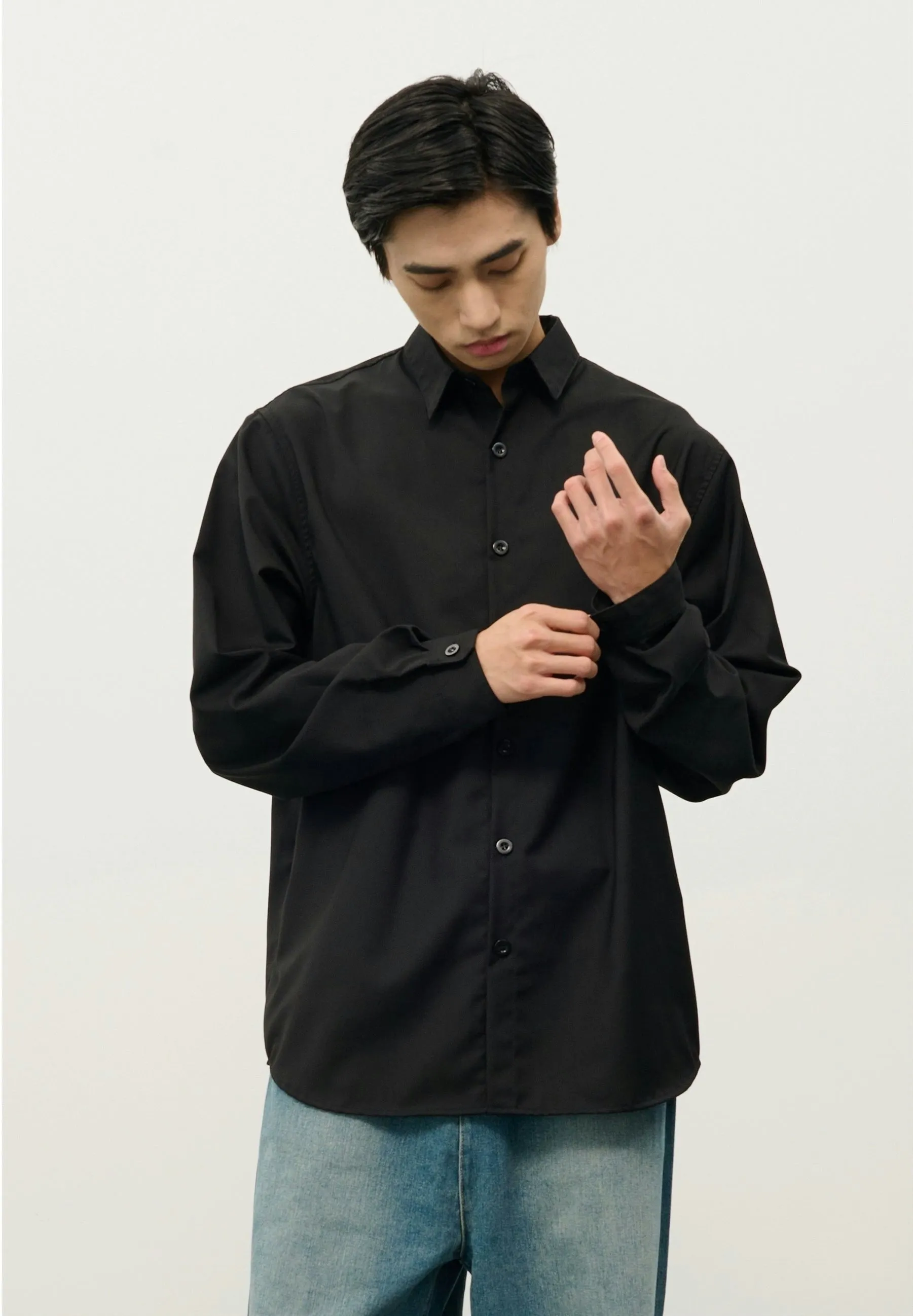 Oversized Button-Down Shirt with Stand Collar