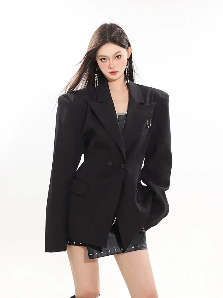 Oversized Double Breasted Boxy Blazer Suit with Metallic Brooch