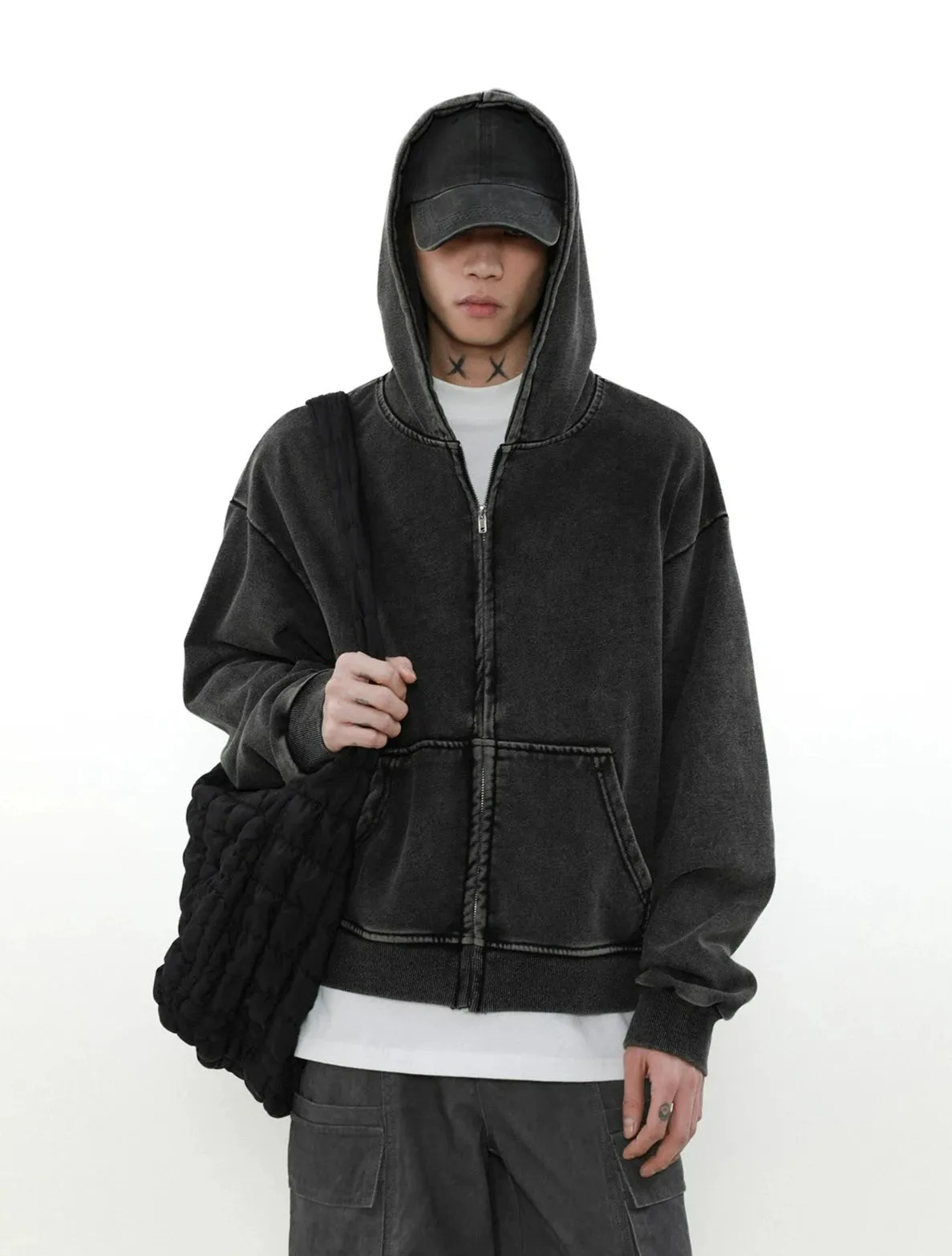 Oversized Faded Mid-Crop Boxy Zip-Up Hoodie