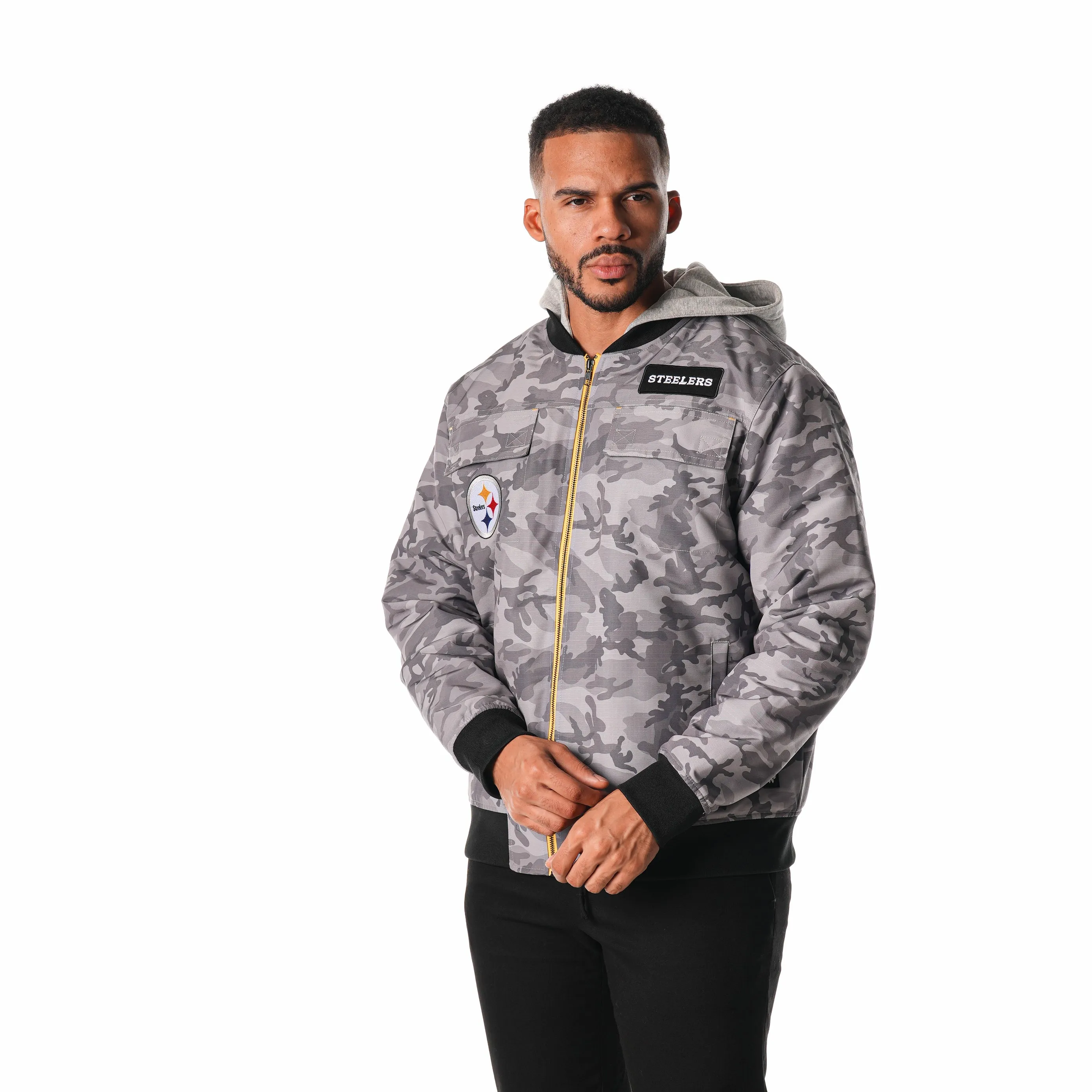 PITTSBURGH STEELERS CAMO HOODED CAMO BOMBER - GREY