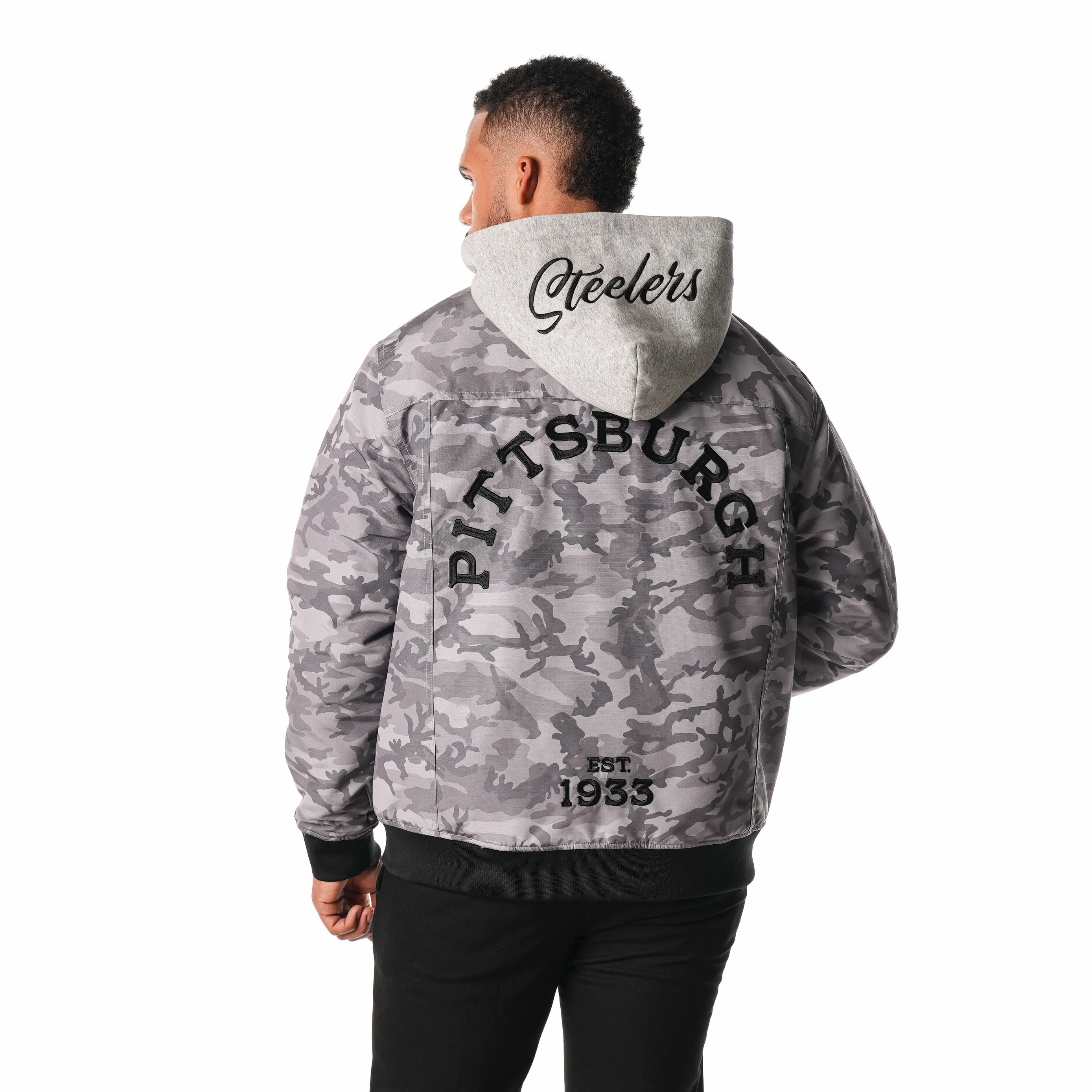 PITTSBURGH STEELERS CAMO HOODED CAMO BOMBER - GREY