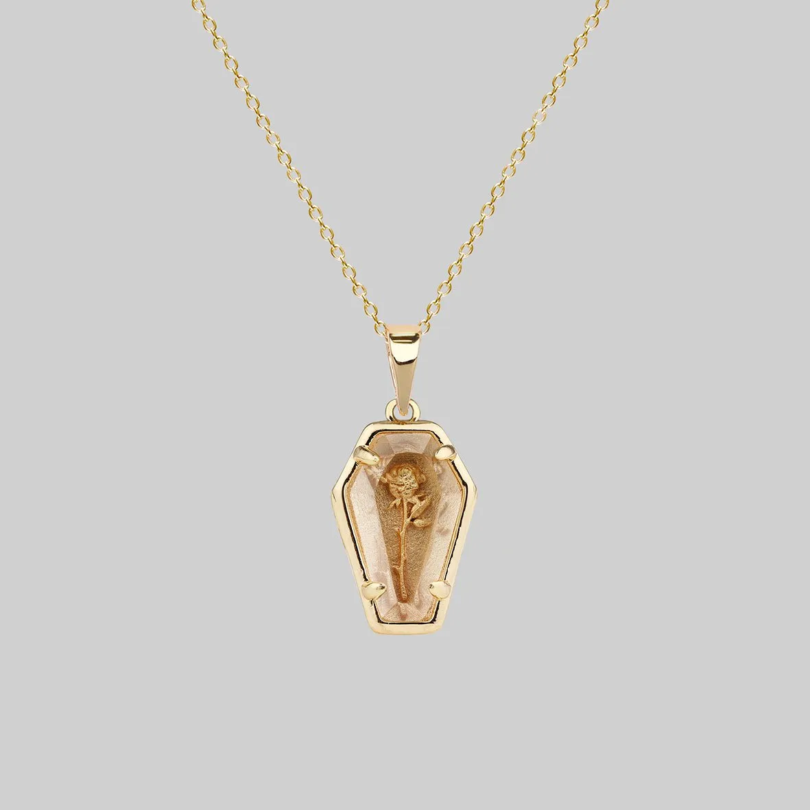 REBIRTH. Rose Under Glass Coffin Necklace - Gold