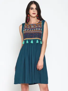 Teal Skater Dress With Embroidered Yoke