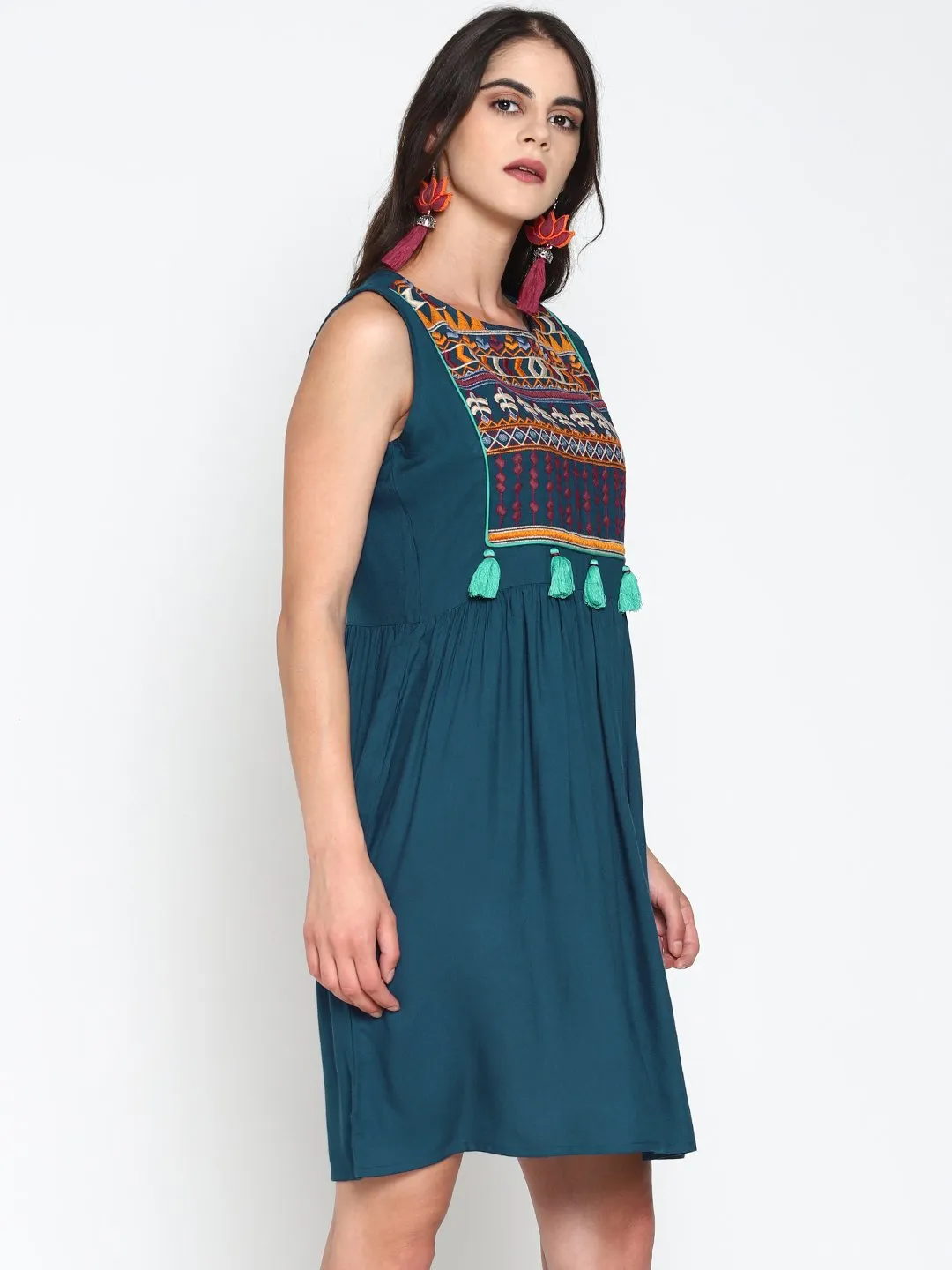 Teal Skater Dress With Embroidered Yoke