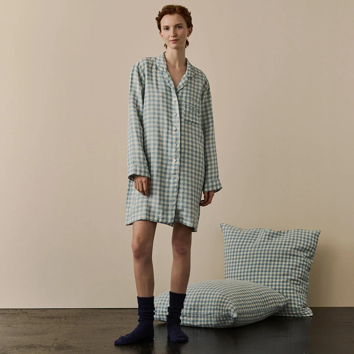 Warm Blue Gingham Linen Night Shirt