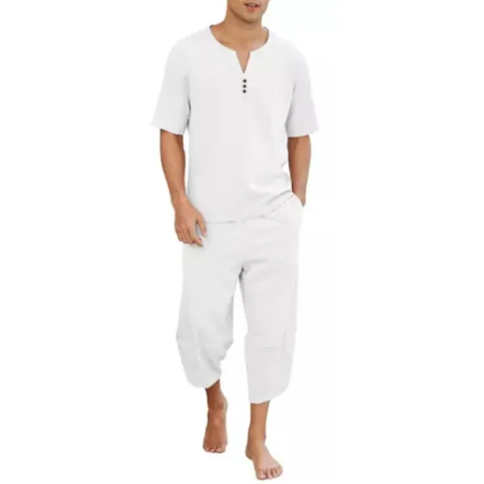 Wiaofellas  -  Men's Casual V-neck Short-sleeved Top Loose Cropped Trousers Cotton Linen Breathable Sports Suit