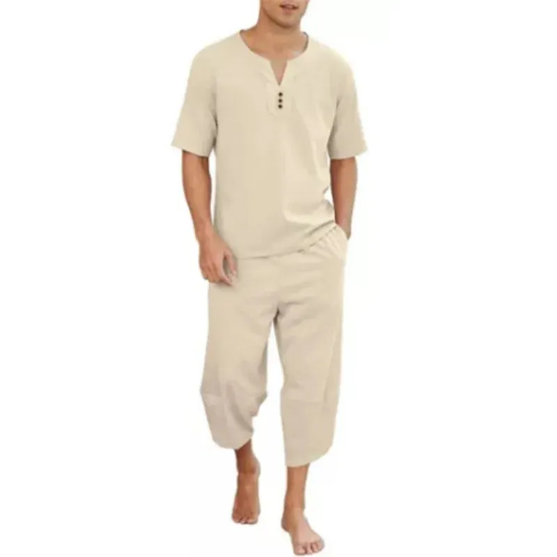 Wiaofellas  -  Men's Casual V-neck Short-sleeved Top Loose Cropped Trousers Cotton Linen Breathable Sports Suit