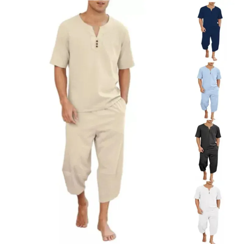 Wiaofellas  -  Men's Casual V-neck Short-sleeved Top Loose Cropped Trousers Cotton Linen Breathable Sports Suit