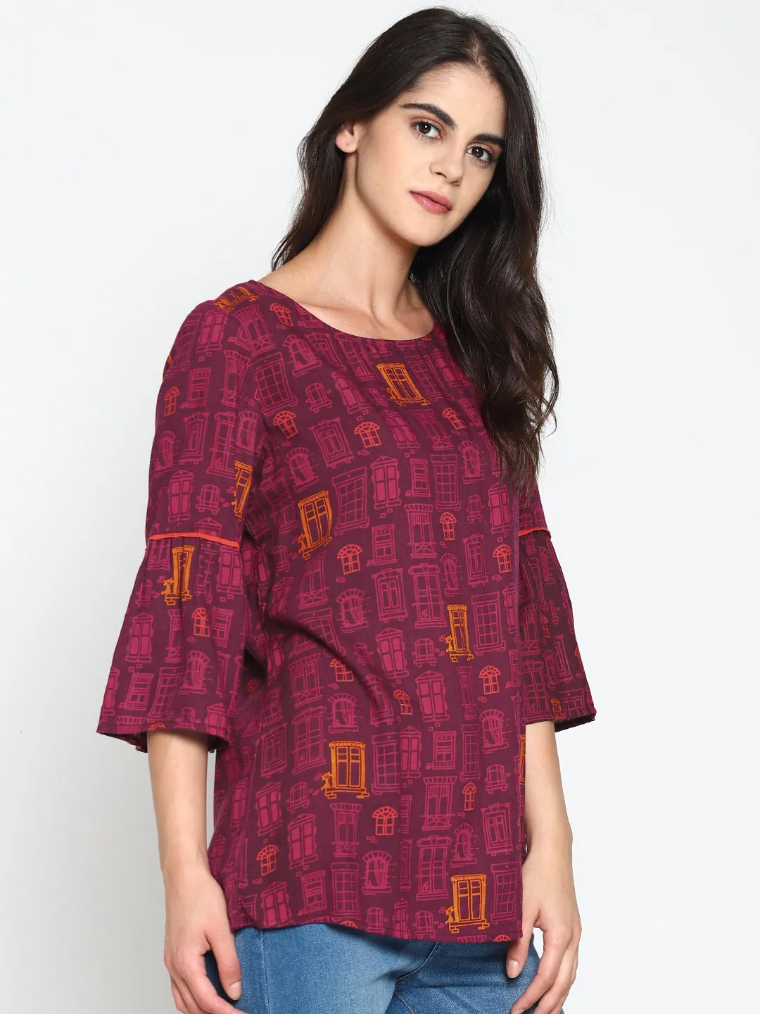 Wine Printed Top With Ruffled Sleeves