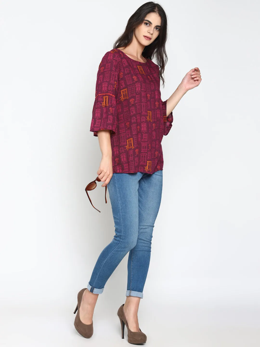 Wine Printed Top With Ruffled Sleeves