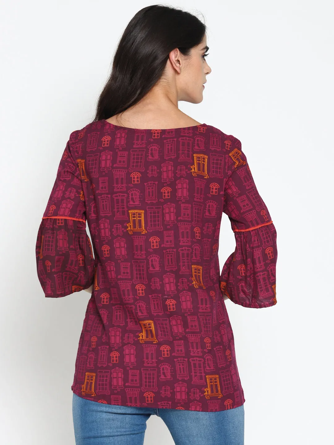 Wine Printed Top With Ruffled Sleeves